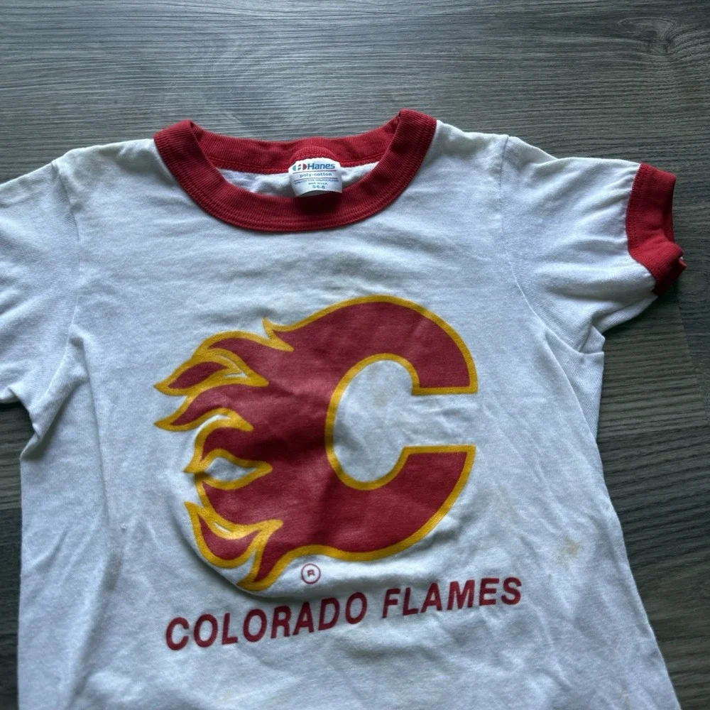 VTG 80s Colorado Flames CHL Minor League Hockey Ringer T Shirt Youth S 6-8 RARE